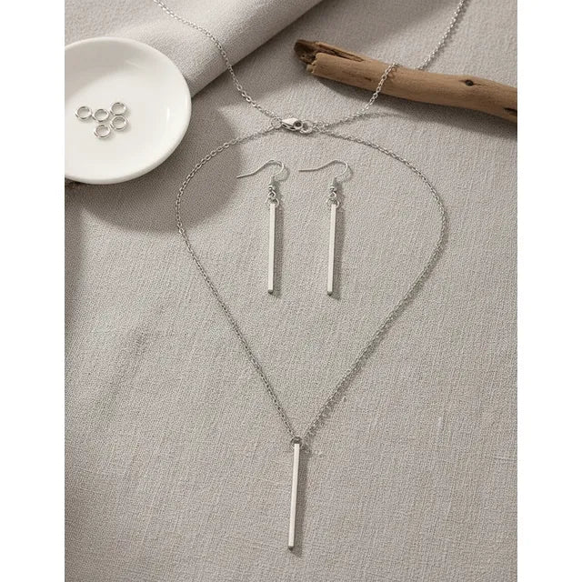 Juego Collar Cadena Colgante Aros Pendientes Elegante Plata - Plateado